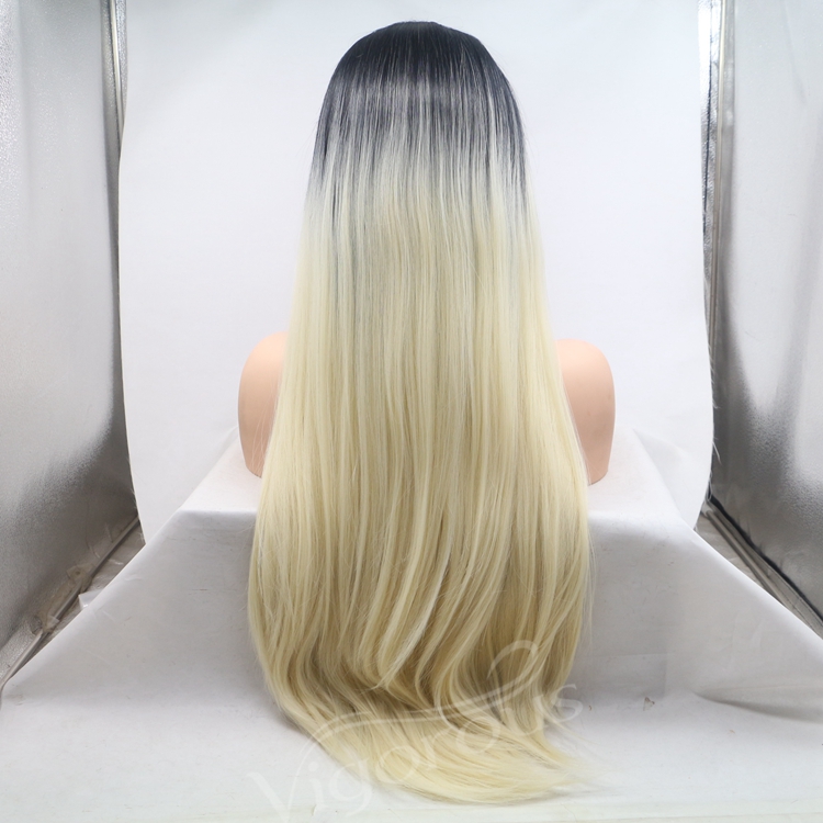 Vigorous blonde ombre long straight premium high quality wholesale black women synthetic hair wigs with lace front