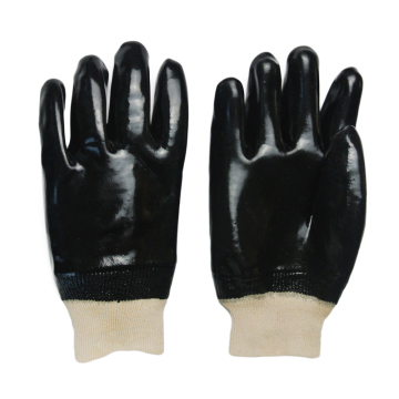 Black Pvc Coated Glove.Smooth Finish.Knit Wrist