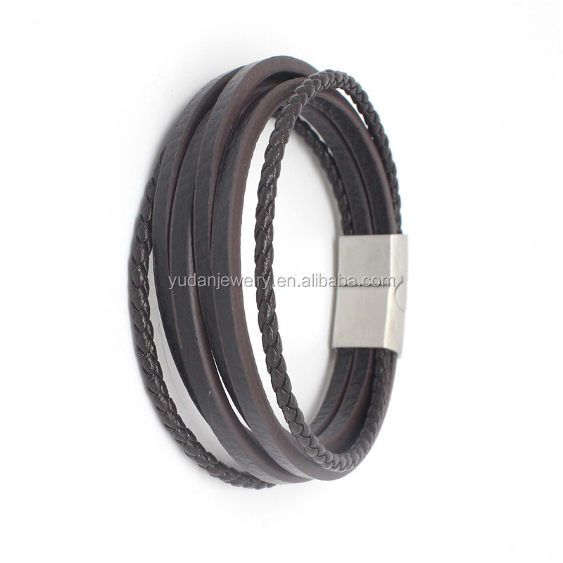 Men Jewelry Braided Genuine Leather Stainless Steel Bracelet