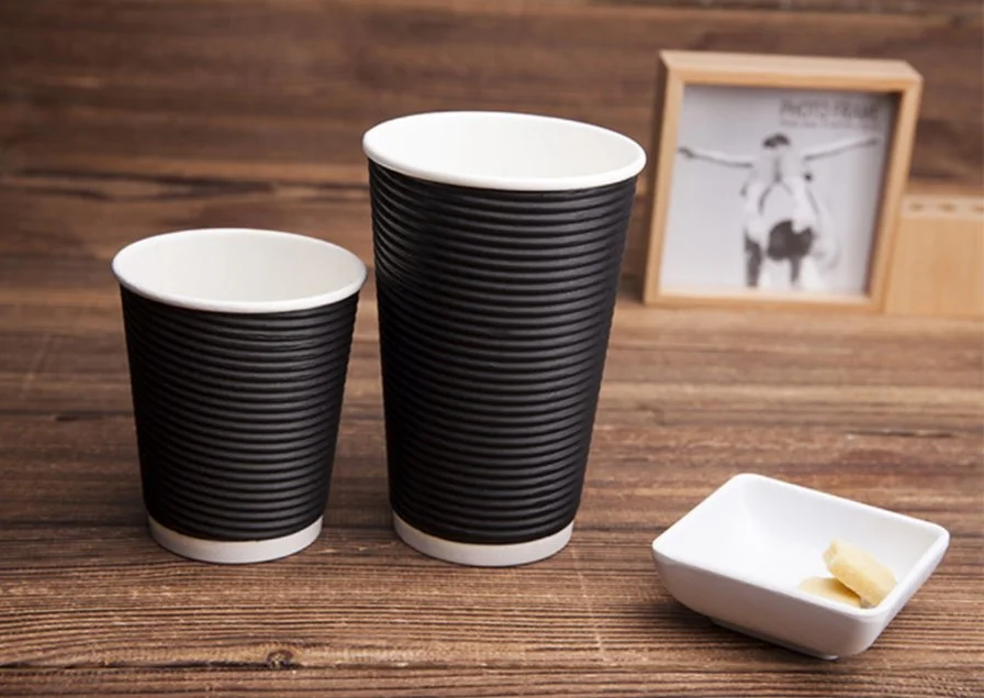 Black Disposable Ripple Double Wall Paper Cup for Hot Drinking