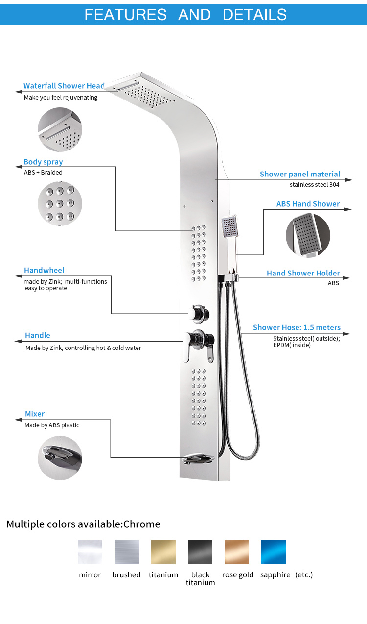 YL-5501 Brushed silver stainless steel multifunctional shower panel