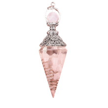 Rose Quartz Chip Stone Resin Antique Silver Hexagonal Cone Pendant & Pendulum