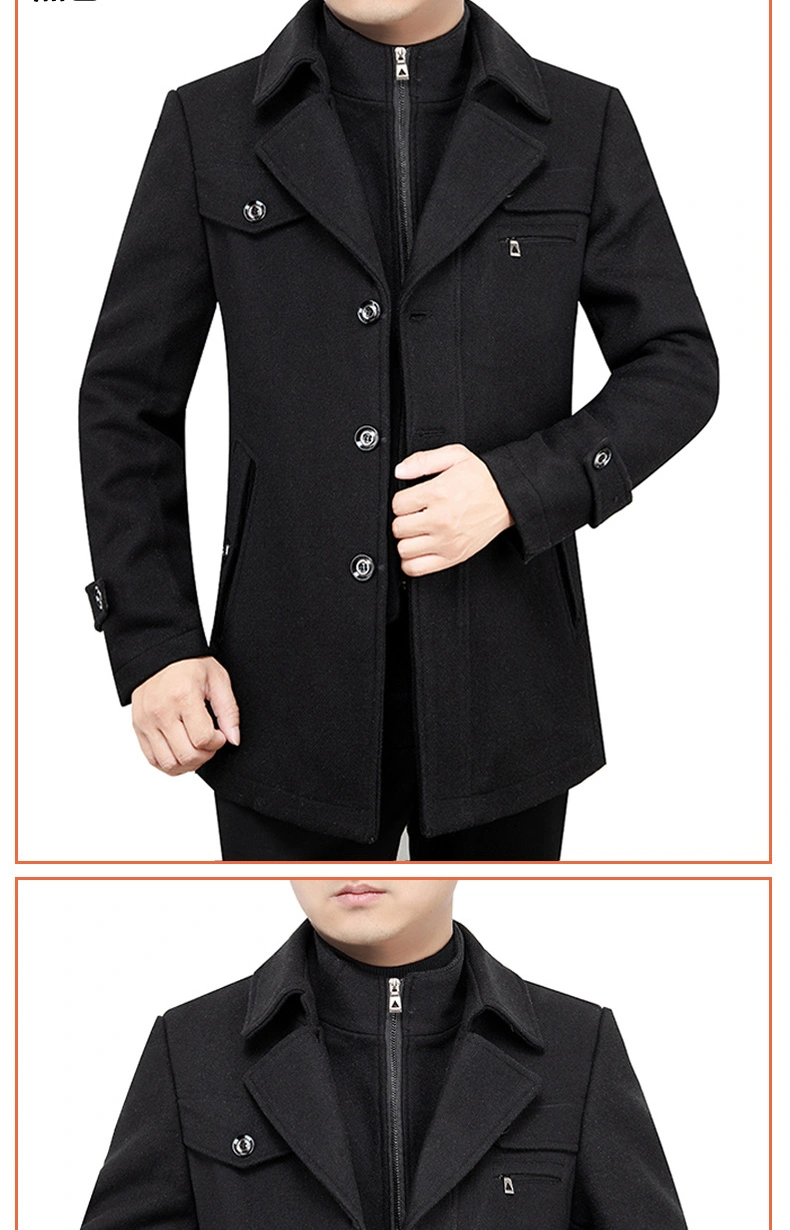Middle-Aged Wool Men's Thick MID-Length Woolen Jacket