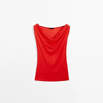 Women's red casual pleated collar pure cotton sleeveless top