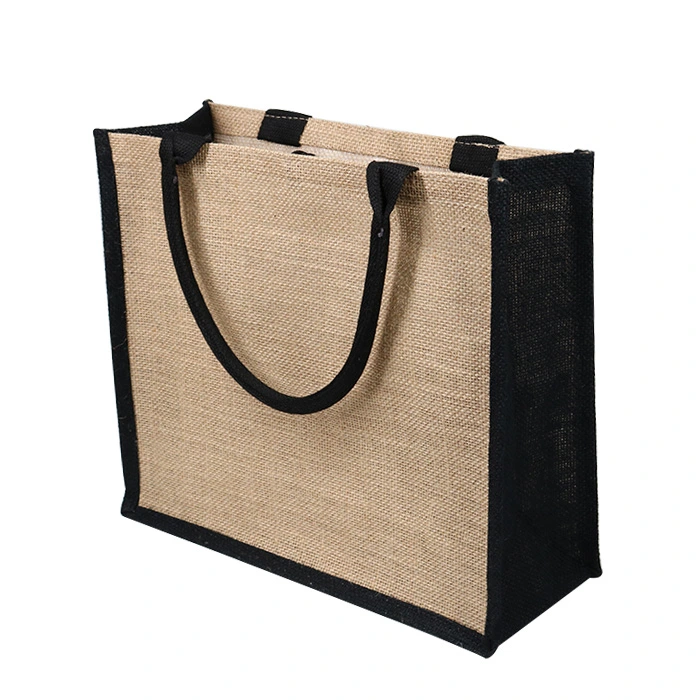 Custom Printed Burlap Handbag Black Side Eco Reusable Shopping Jute Tote Bag for Grocery