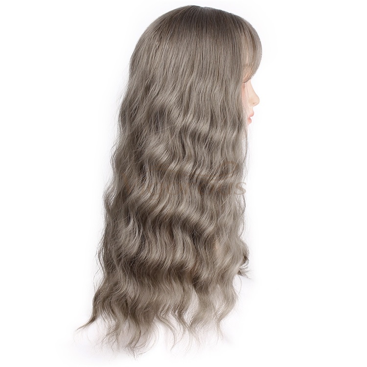 Vigorous 26 Inch Gray Long Wavy Wig with Bangs Beach Wave Curly Wig Heat Resistant Glueless Synthetic Wigs for Party Christmas
