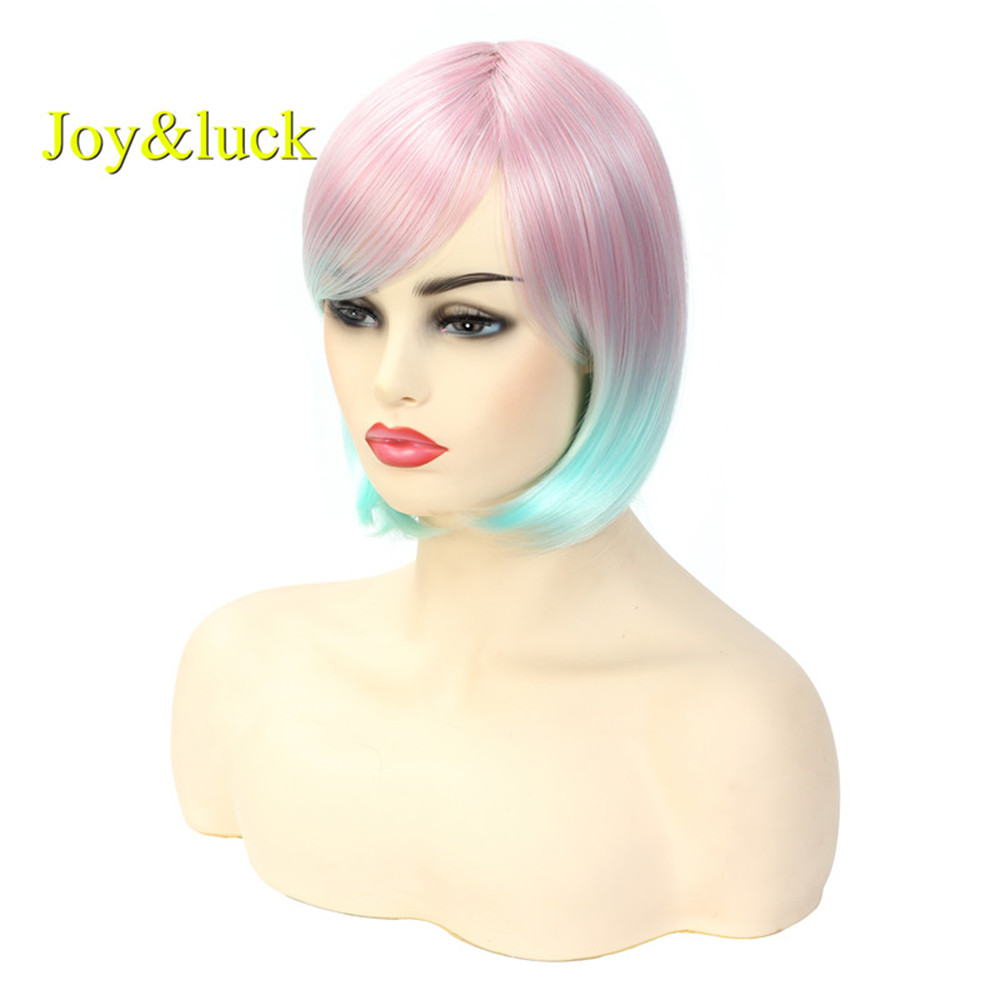 Wholesale  Colored Wig With Bangs for Women Party Cosplay Pink Ombre Green Natural Straight Short Bob Cut Wig Synthetic Wig