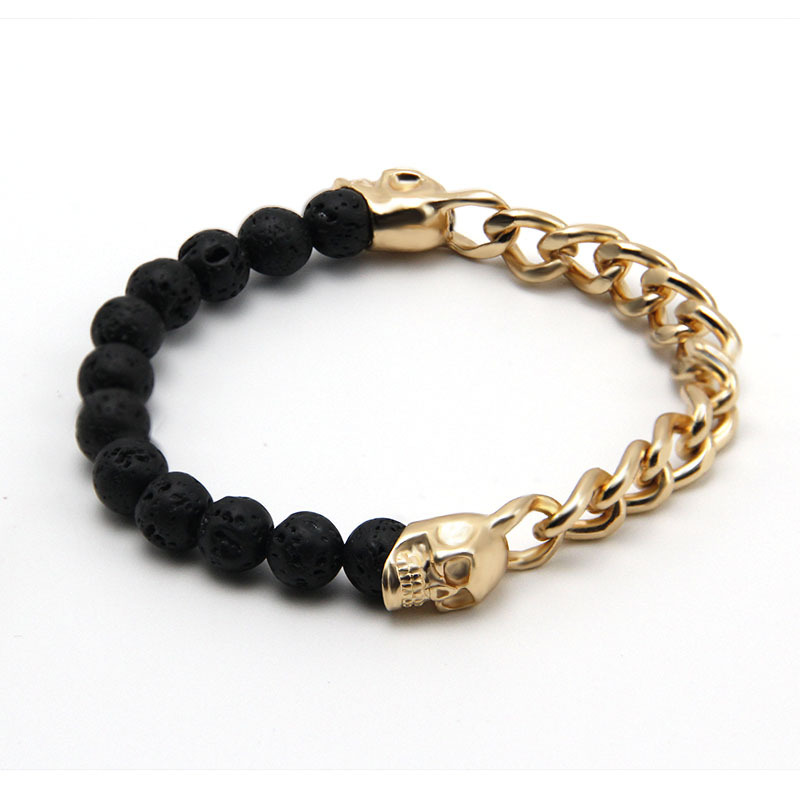 Black Vocalnic Lava Stone Bead Chain Steel Franco Chain Bangle Bangle Bracelet Vintage Skull Charme, hommes