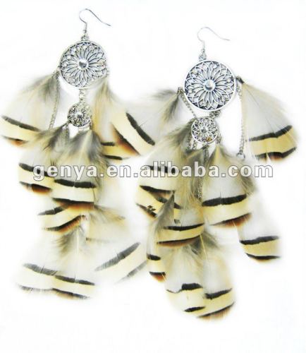 2012 fashion real bird feather earrings with hook in natural color