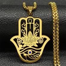 Hamsa Hand Ankh Lotus Necklace - Stainless Steel Silver Jewelry N8075S02