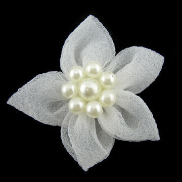 Organza Flowers Embellishment with Pearl Bead, White Color, Various Colors are Available