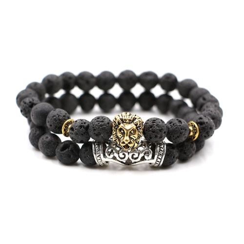 2 piece strands lava stone lion head bead bracelet set for men and women adjustable 8mm beads