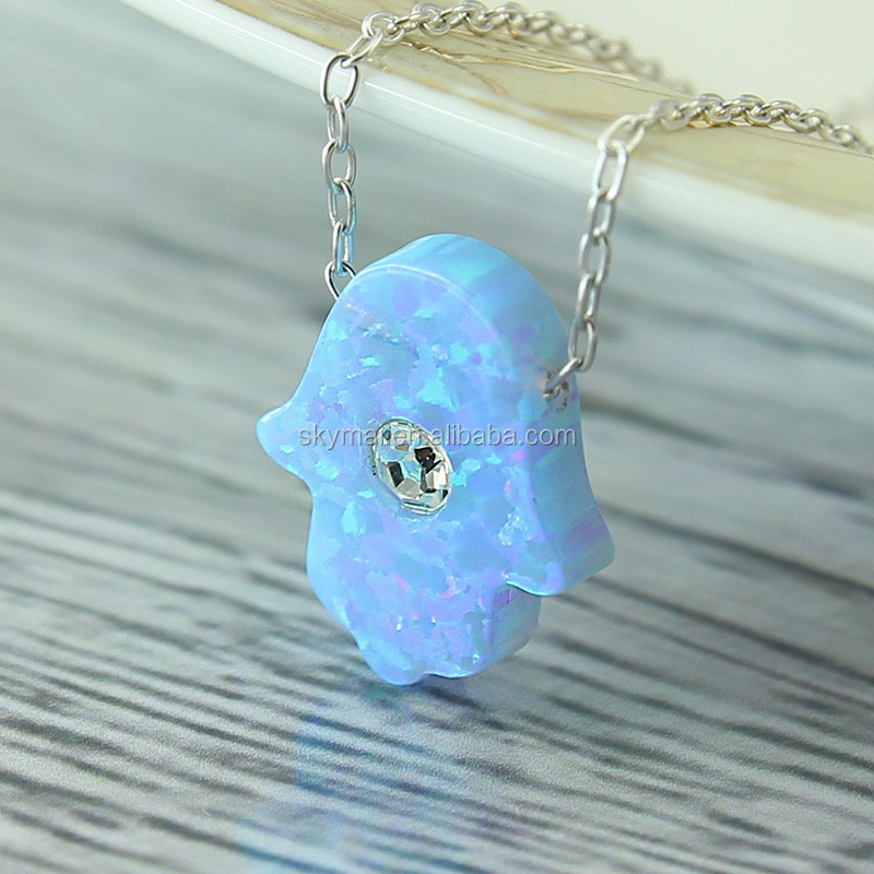 Hot sale opal blue hamsa hand pendant jewelry,925 sterling silver stone turkish Israel necklace