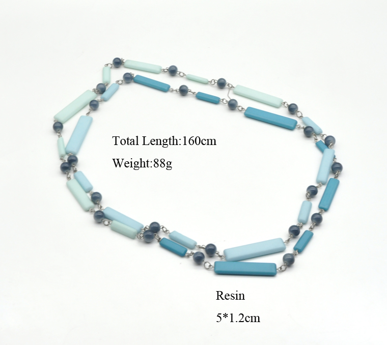 2021 blue color double layer resin acrylic necklace women long plastic round beads link chain necklace