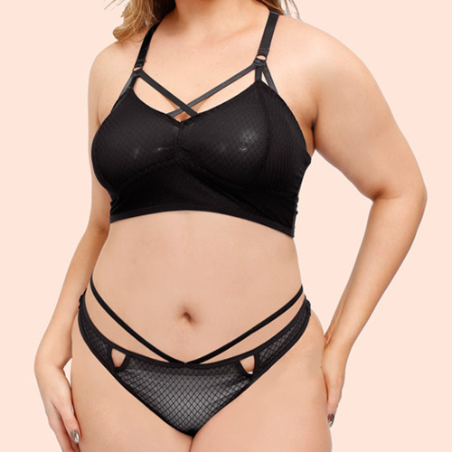 En stock ahueca hacia fuera más el tamaño de bralette y tanga bondage decoración de encaje transparente lencería sexy