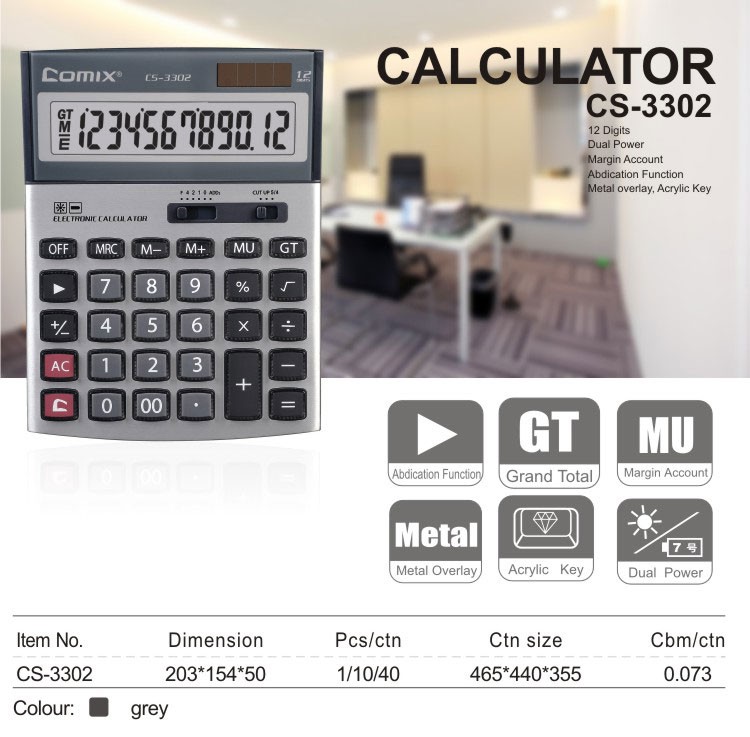 Comix hot selling cheap price dual power 12 digits gray desktop calculator