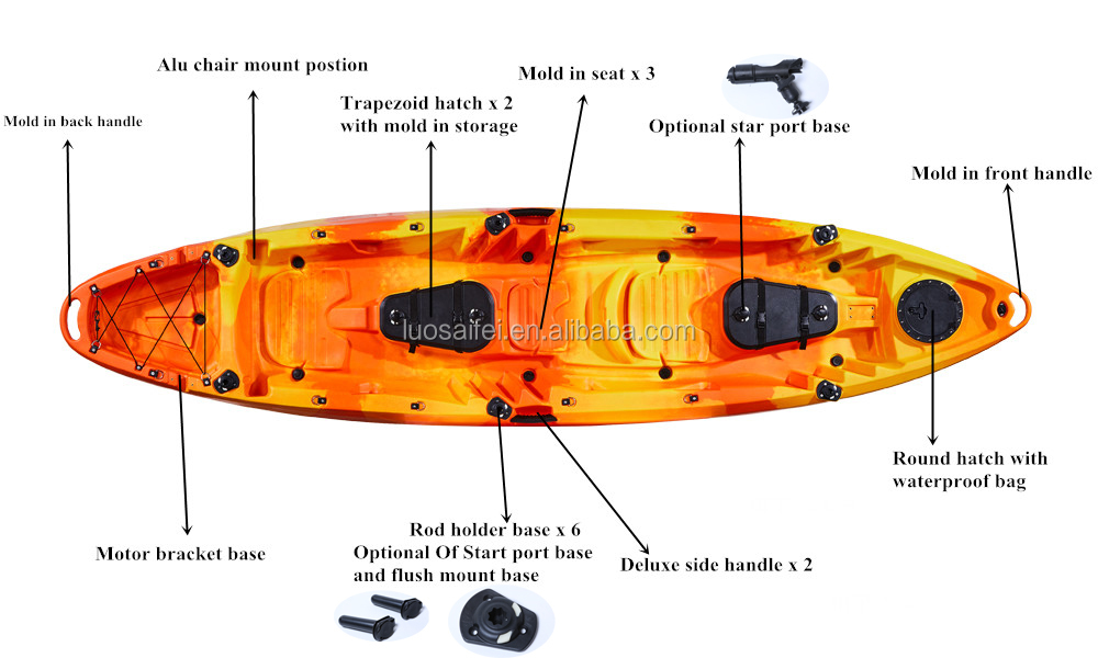 Multy function tandem 2+1 seat fishing kayak with aluminum frame seat in factory price