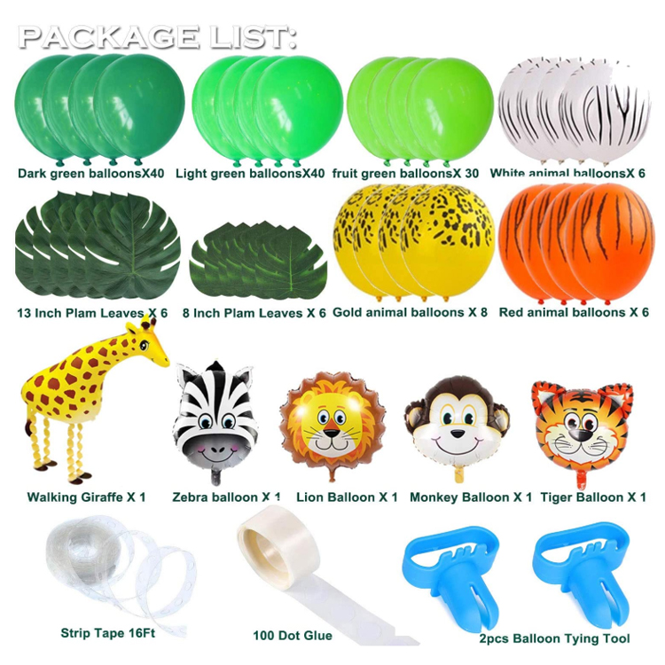 Jungle Safari Theme Party Balloon Garland Kit With Animal Balloons and Palm Leaves for Kids Birthday Party Supplies