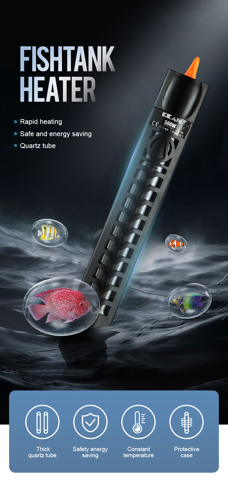 High Quality Anti crack with plastic protective sleeve Quartz glass Aquarium heater