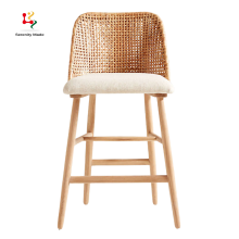 Handmade Rattan Back High Solid Wood Leg Vintage Bar Stools