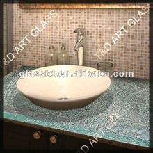 Curved art glass vanity top with sink