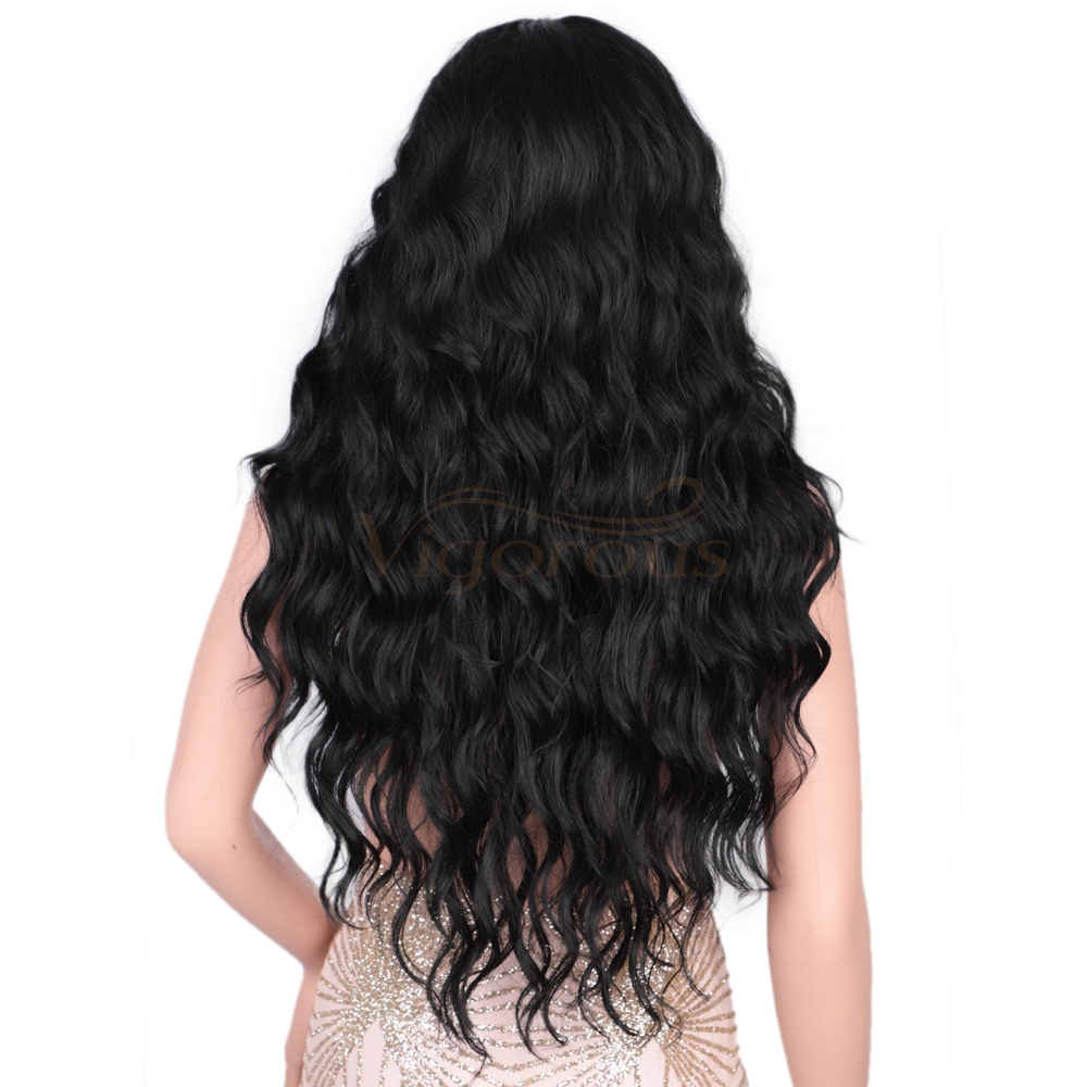Vigorous Lace Front Wigs 26" Long Wavy Synthetic Wigs for Black Women 150% Density Deep Wave Middle Part Wigs(Natural Black)