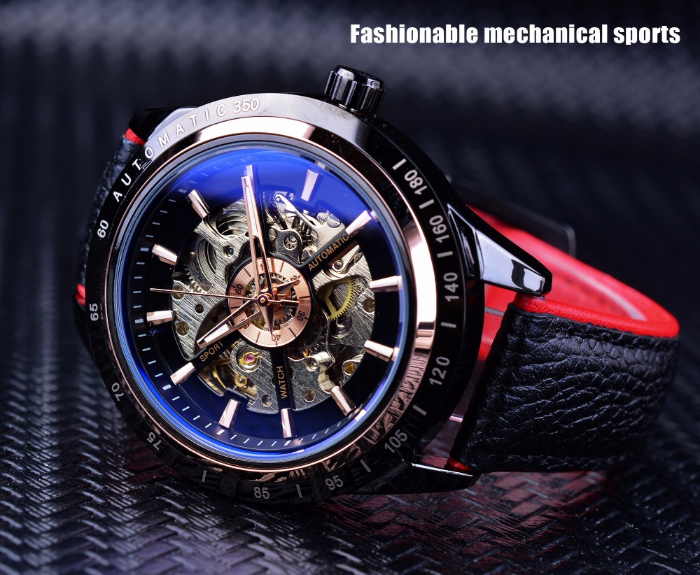 Top Brand Luxury Mens Forsining Motorcycle Design Transparent Genuine Strap Waterproof Skeleton Men Automatic Watches Clock
