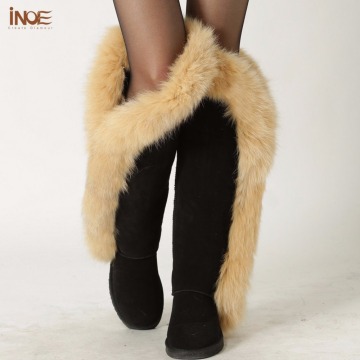 INOE fashion fox fur botas cow suede leather over the knee long winter snow boots for women thigh winter shoes boots black brown