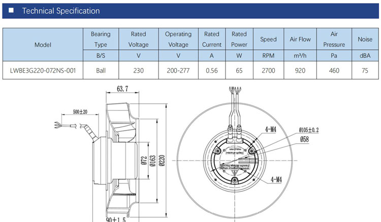 220mm EC 115V 230V high pressure EC centrifugal fan blades