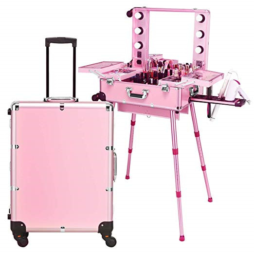 Aluminum professional rolling makeup case with lights