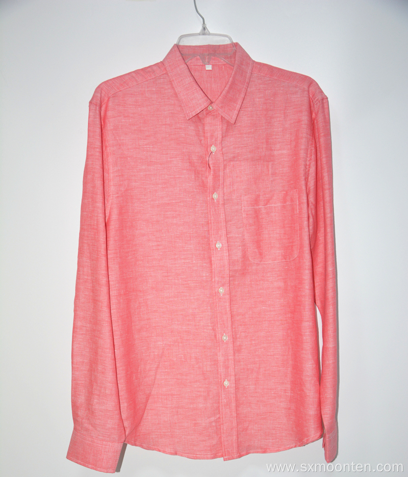 Short Sleeves Collar Pink Fabric Linen Shirt