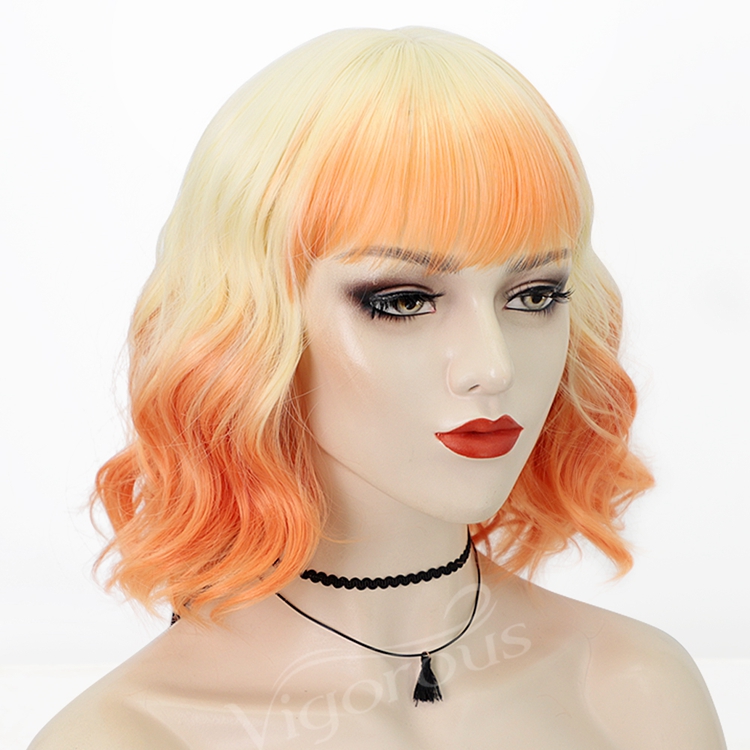 Bob Natural Wave Wig Ombre Blonde Red Hair with Bangs Synthetic Short Wig for Women Heat Resistant Fiber Hair 16 inches