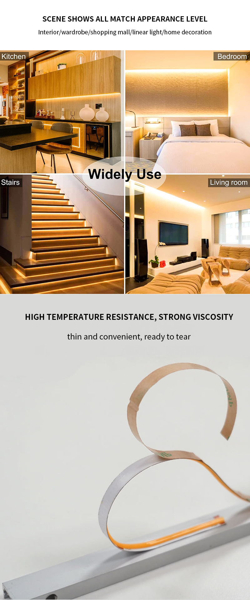 4mm slim DC 5V 12V 24V 480 Leds cob strip led lights for decor