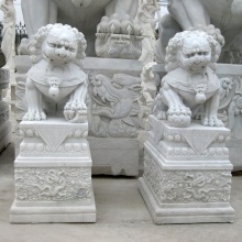 Chinese small marble carving stone foo dog statue with dragon pedestal