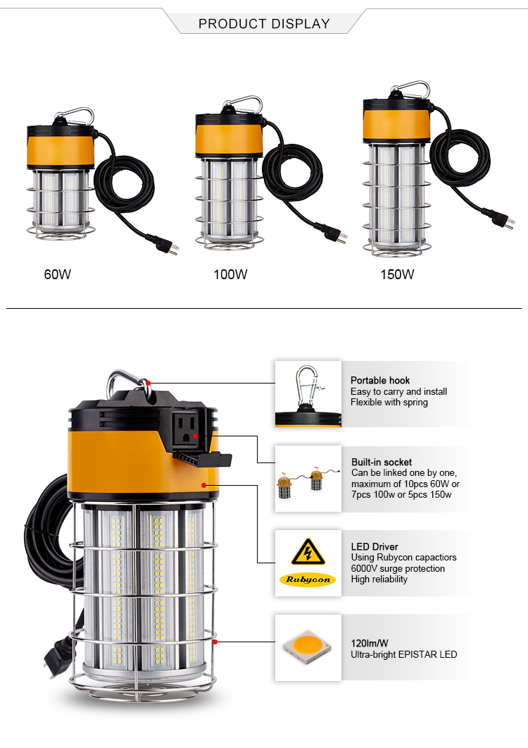 China wholesale 60w 100w 150w high bay led temporary work light come with10-foot 18AWG cord work lights led