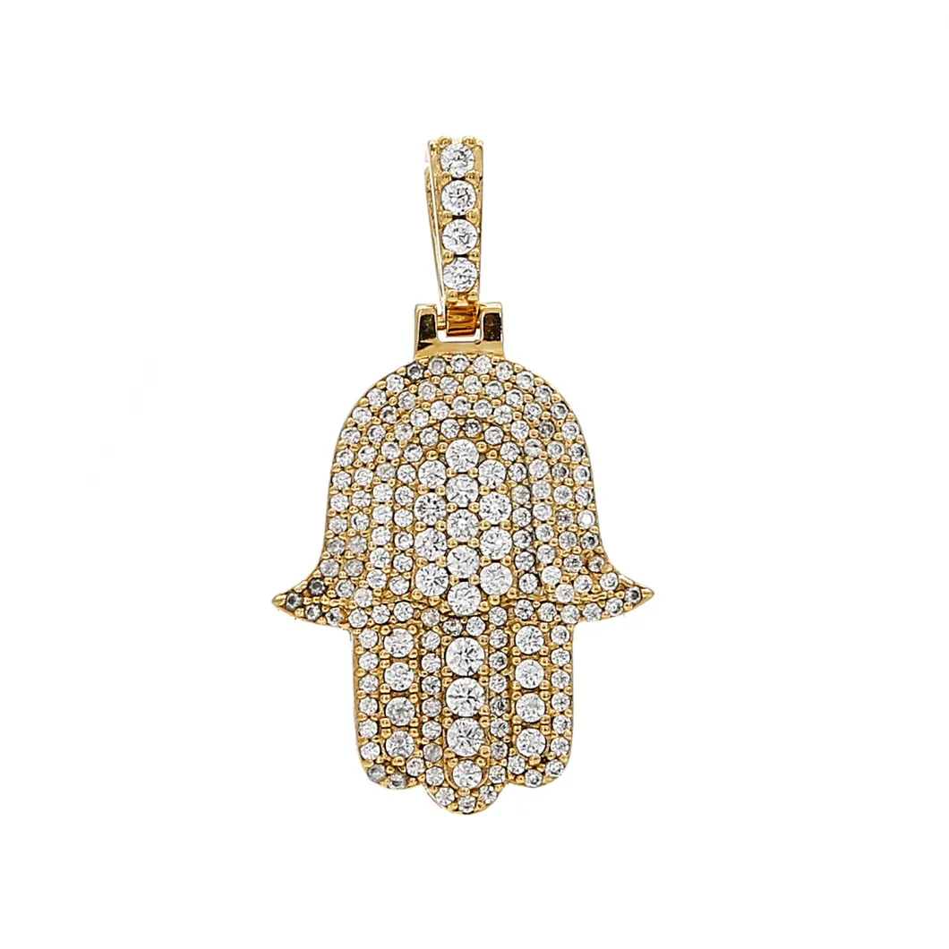 Hamsa Hand Iced Diamond Pendant Men's 14K Yellow Gold/CZ Pendant