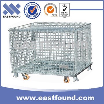 Warehouse Wire Bin Foldable Storage Wheeled Metal Basket Cage