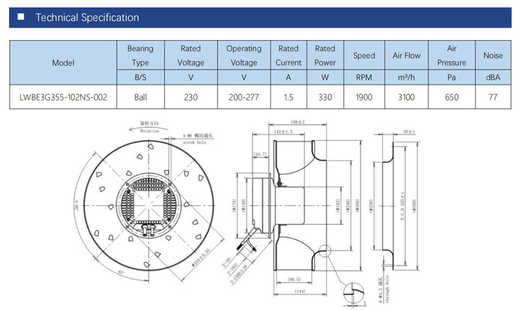 355mm EC high quality PWM speed control ECM motor 3000cfm continuously Speed exhaust fan 3 phase centrifugal fan