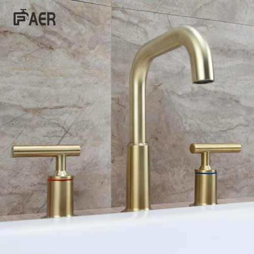 3 Hole Faucet Brushed Gold Lavatory Waterfall 3 Hole Basin Faucet Supplier
