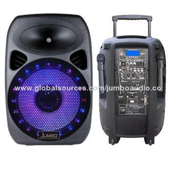 15" portable speaker box with rechargeable battery, wireless microphone, wheel, handle, disco light