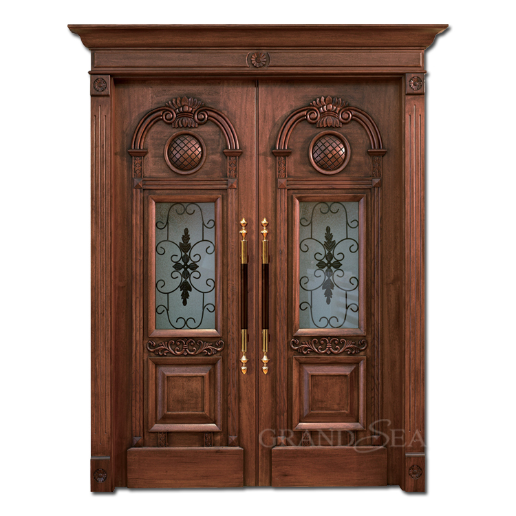 Villa housing modern style solid wood main entrance door carving design with glass