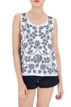 White Embroidered Beads Tank Tops