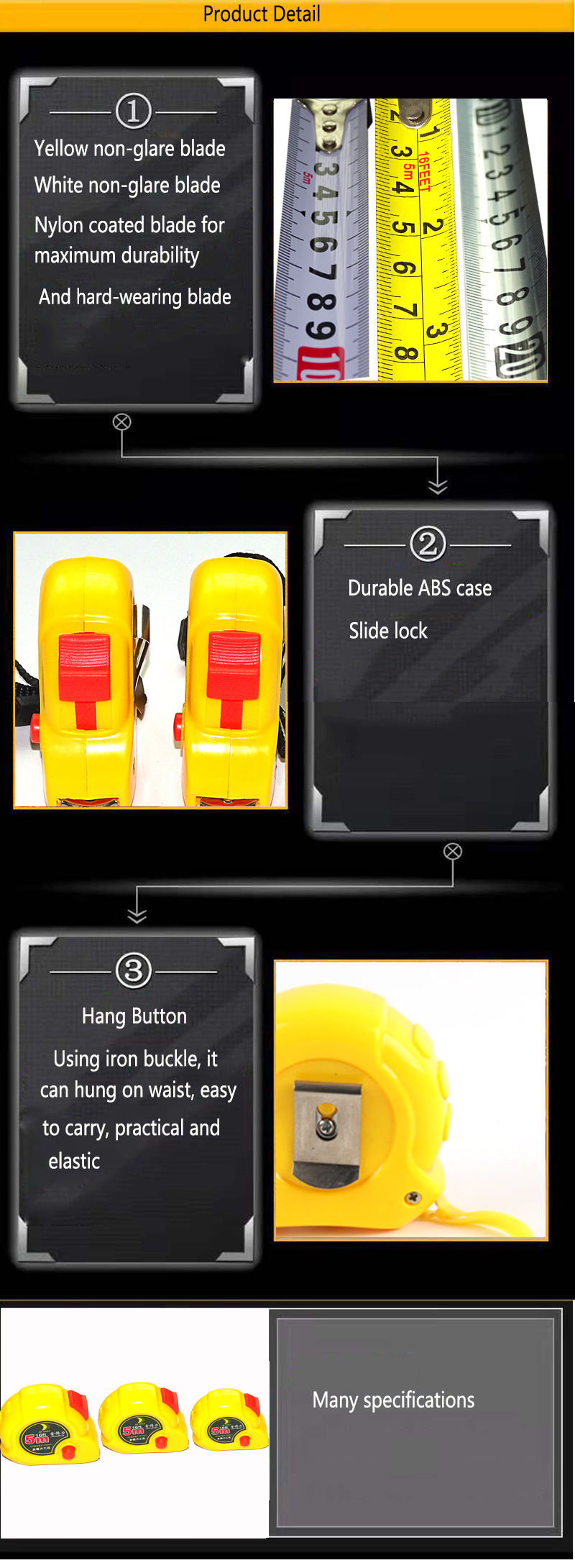 Outils de mesure d'usine outils à main 3m / 5m / 7,5 m de bandes de mesure en acier flexible à vendre