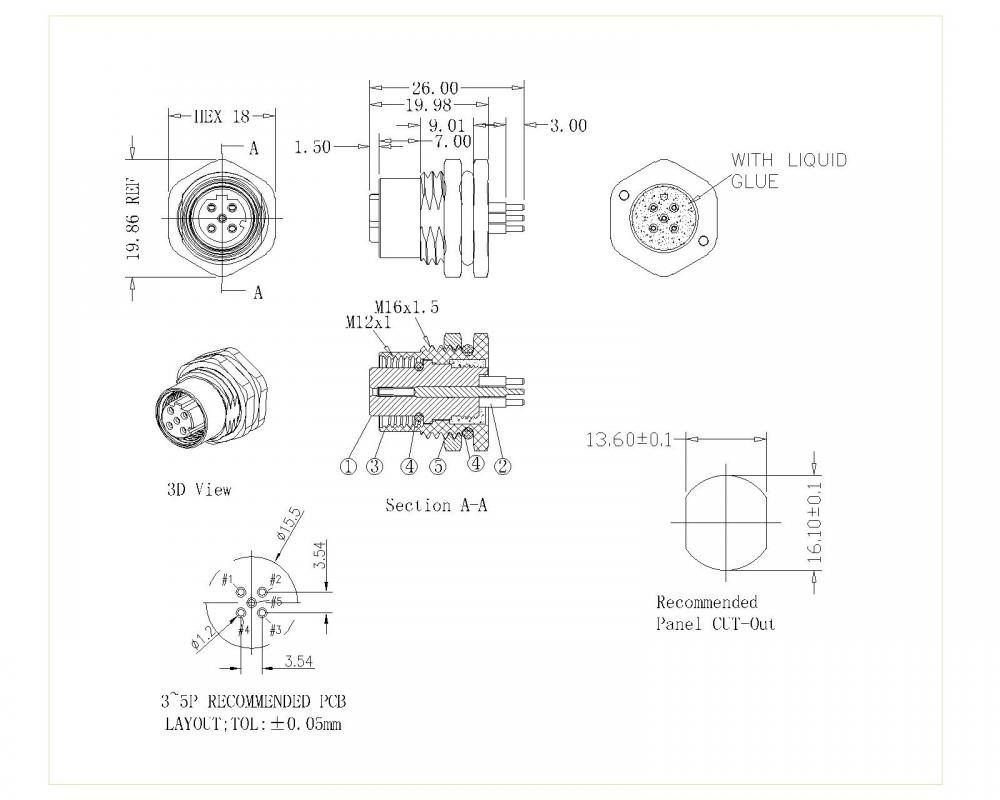 M12 3-5p Kunci Perempuan Depan M16 D-Code Unshielded