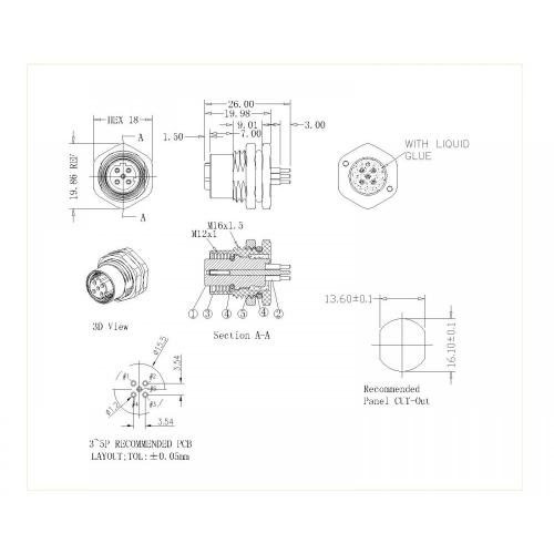 M12 3-5P dişi kilit ön m16 D-Code korumasız