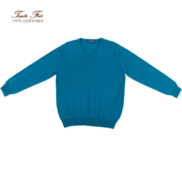 Men's cashmere blue v-neck long sleeve pullover sweater