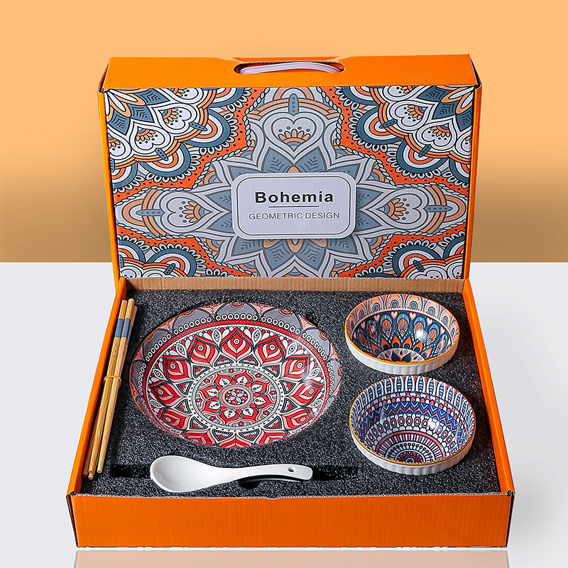 Bohemia Tema Mangkuk Seramik Set dengan Kotak Hadiah