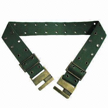 Olive Green Canvas Belt with Antique Brass Buckle and Adjustable Rings, Decorated with Metal Eyelets