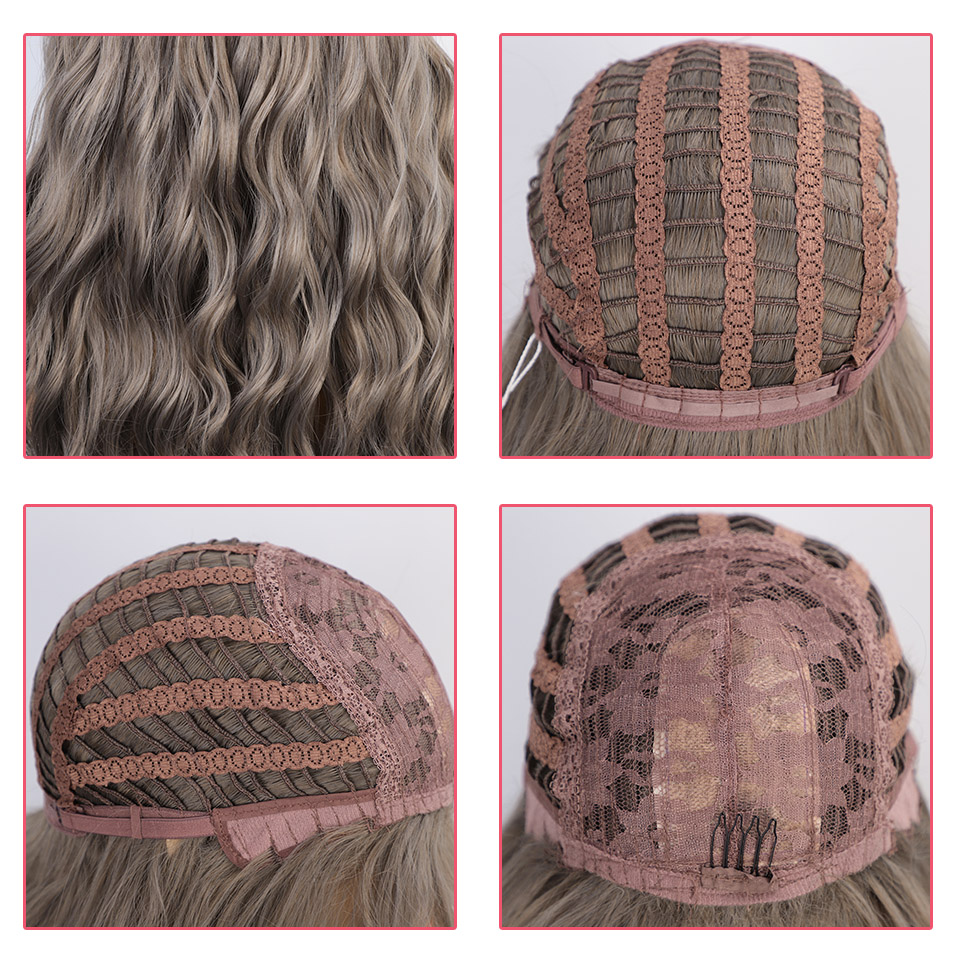 Vigorous Synthetic Long Gray Wigs with Bangs Water Wave Heat Resistant Black Brown Pink Purple Cosplay Wigs for Women