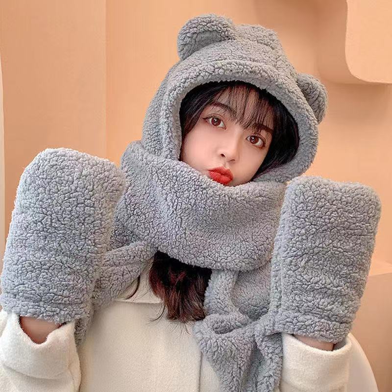 Bear Hat Winter All-matching Korean Cute Plush Scarf One-piece Hat Three-piece Suit